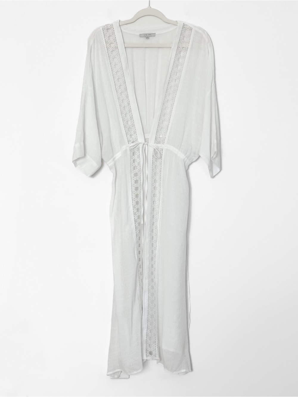 Love Tree White Lace Trim Tie Front Long Kimono Swim Cover Up – Size Small